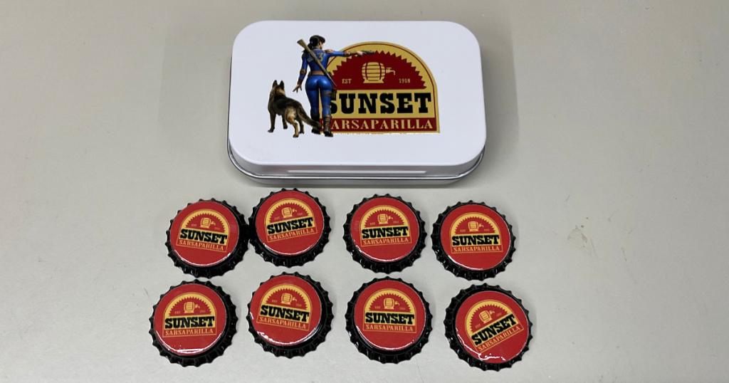 Sunset Sarsaparilla Lucy Tin Box with 8 Bottle Caps